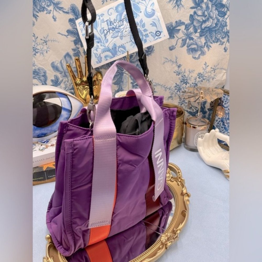 🆕 GANNI 🧿 NWT Small Recycled Tech Tote Bag Crossbody, Purple Wine & Orange